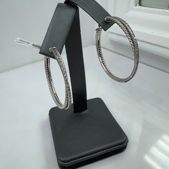 David Yurman Sterling Silver & Diamond Cable Classic Hoop Earrings - Picture 1 of 8